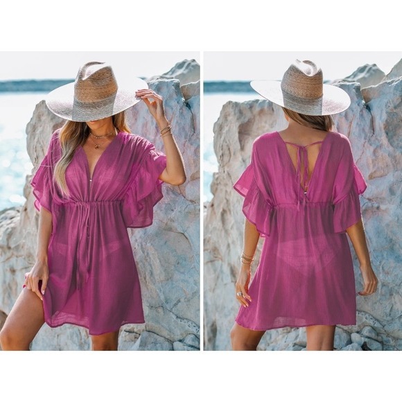 NEW Cupshe Sheer Flowy Hot Pink Swim Cover Up Dress Tie Low Back S Ruffle Sleeve - Picture 1 of 10